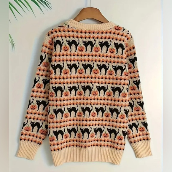 New Pumpkin Black Cat Halloween Sweater Orange Cream Long Sleeve Crew - Picture 3 of 15